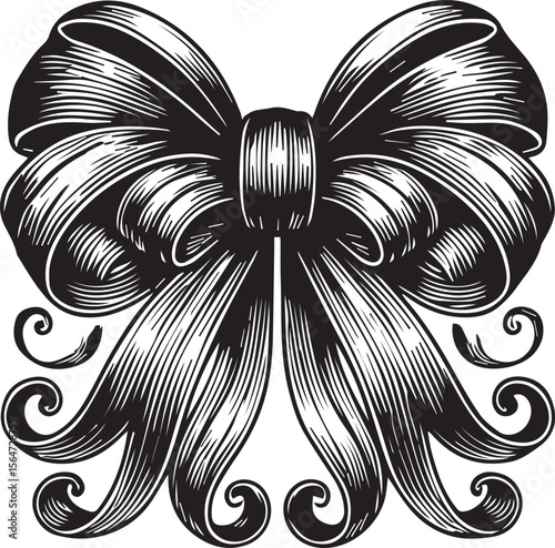 Elaborate Decorative Bow - Black and White Illustration