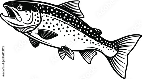 Illustration of a trout fish with an open mouth and black spots on its body in black and white