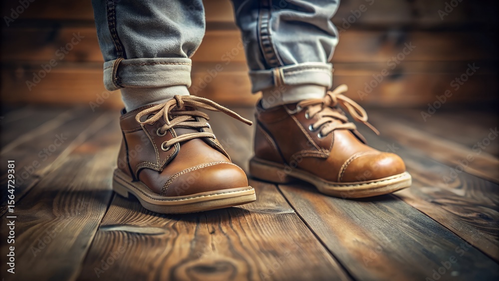 Closeup of a childs brown leather boots on a rustic wooden floor Closeup of a childs brown leather boots on a rustic wooden floor