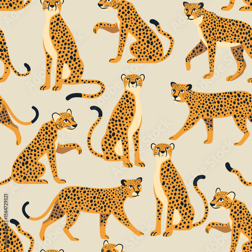 Seamless pattern with cute leopards or cheetah. Vector background for printing on fabric, stationery, paper, packaging, children's clothing.
