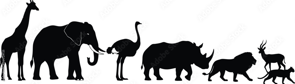 Fototapeta premium Silhouette illustration of a giraffe elephant ostrich rhino lion antelope and a feline animal group