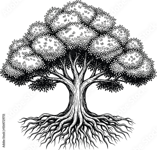 Illustration of a large tree with dense foliage and extensive root system in black and white style