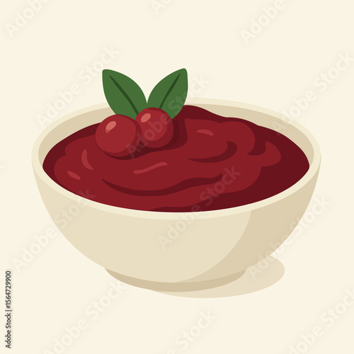 Cranberry sauce in bowl with berries and leaves