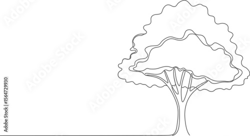 A single line drawing of a tree with a wavy canopy and a simple trunk on a white background space