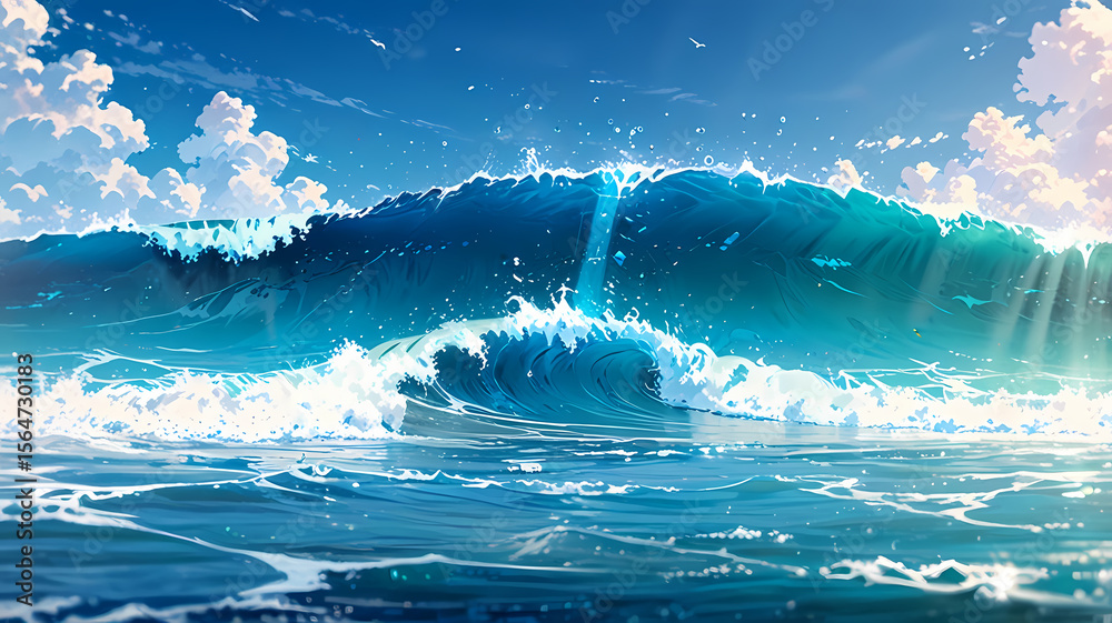 Obraz premium Majestic Ocean Wave Breaks Under a Bright Sunny Sky with Dramatic Light Rays and Wispy Clouds