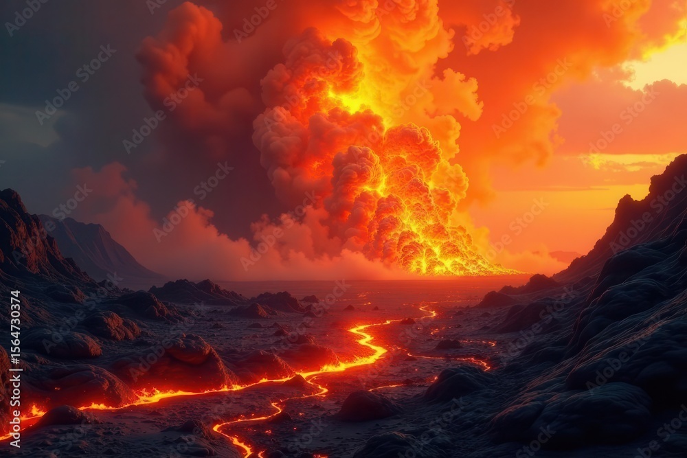 Fototapeta premium Fiery Volcanic Eruption with Molten Lava Flowing Across a Rugged Landscape at Sunset