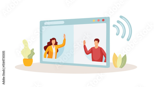 Woman and man waving on a video call displayed on a screen with plant and wifi signal nearby