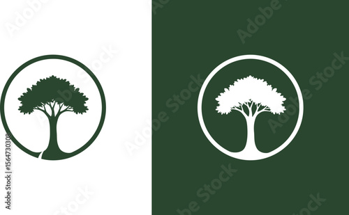 Two tree logos in circles one dark green on white and one white on dark green background split screen