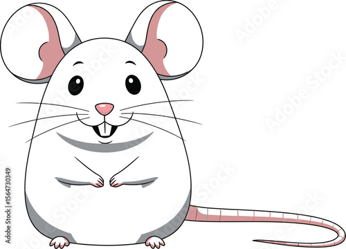 Illustration of a cute gray mouse with pink ears and tail on a white background smiling happily