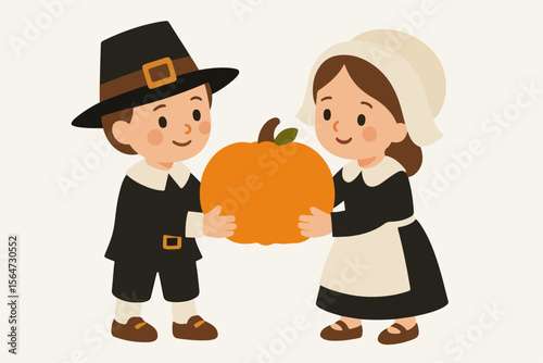 Pilgrim children holding pumpkin thanksgiving harvest autumn
