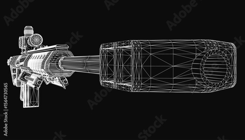 A detailed black and white drawing of a sniper rifle with a long barrel, precision scope, and intricate linework highlighting its tactical design, isolated on a dark background.