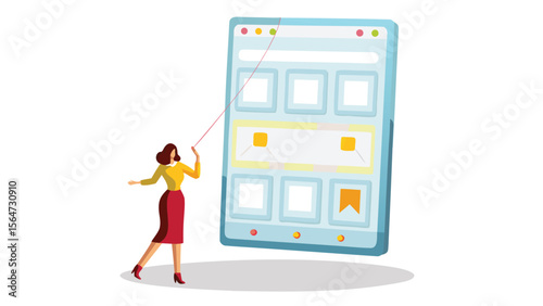 Woman in yellow shirt and red skirt using a pointer to interact with a large tablet interface design