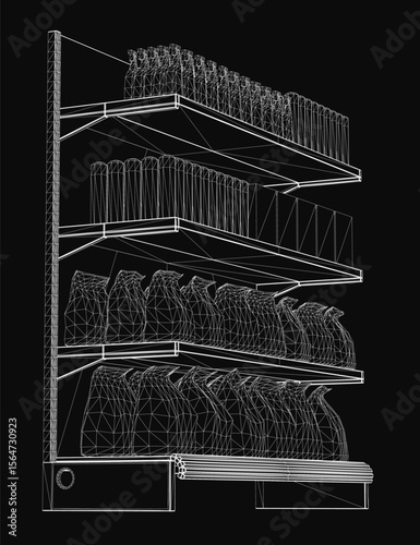 Black and white wireframe of a supermarket shelf stocked with various items, including bottles and packaged goods. The clean 3D illustration features a minimalist design with precise lines