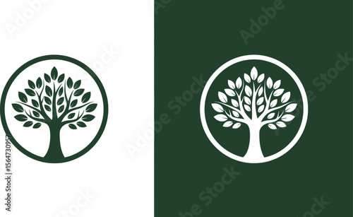 Two tree logos in circles on split white and green backgrounds showing tree silhouette design