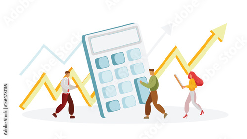 Illustration of people with calculator and graph showing financial growth and business success rate