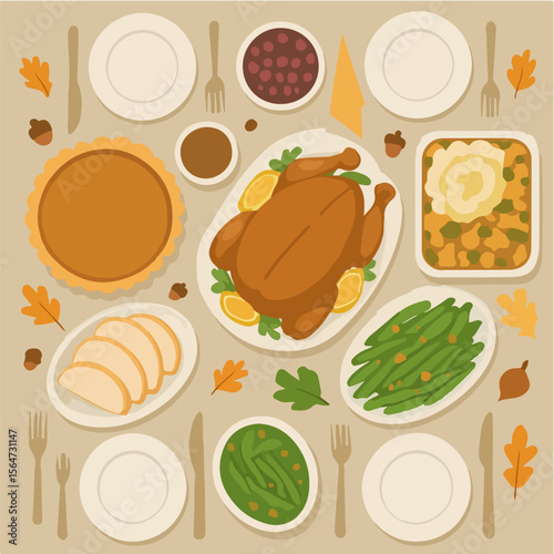 Thanksgiving feast flat lay with autumn leaves and tableware