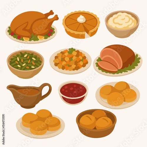 Thanksgiving feast food spread flat style
