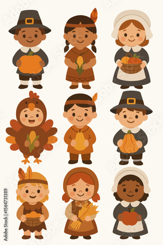 Thanksgiving kids characters with pumpkins and harvest