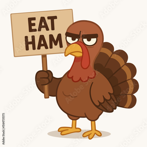 Turkey holding sign eat ham funny cartoon character