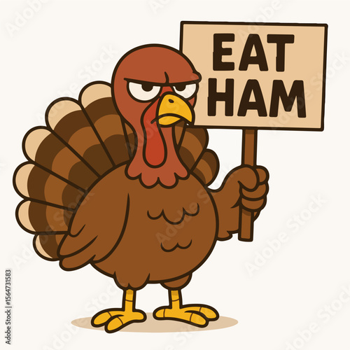 Turkey holding sign eat ham funny cartoon character