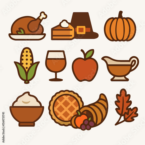 Thanksgiving feast icons: turkey, pie, pumpkin, corn, apple