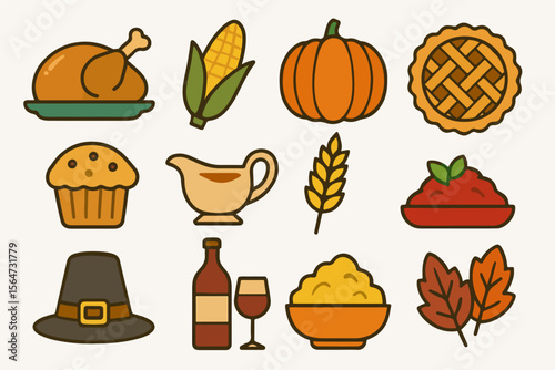 Thanksgiving feast icons: turkey, corn, pumpkin, pie, and more
