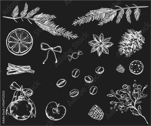 Rustic Christmas Ingredient Vector Collection – Vintage Style Sketches of Spice, Fruit, Herbs and Seasonal Plants on Black Background for Menu or Packaging