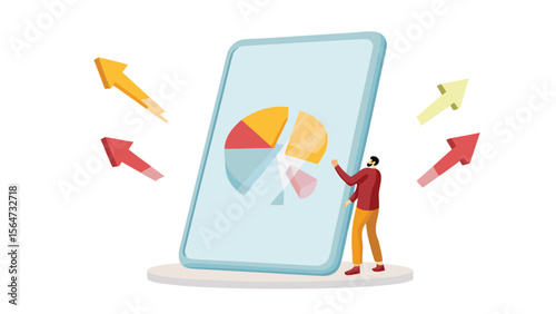 Man presenting data on a tablet with pie chart and arrows showing growth and decline trends analysis