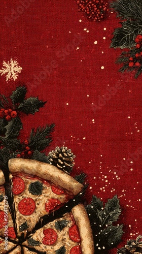 Festive pizza design with holiday decorations on a red background featuring pepperoni and greenery