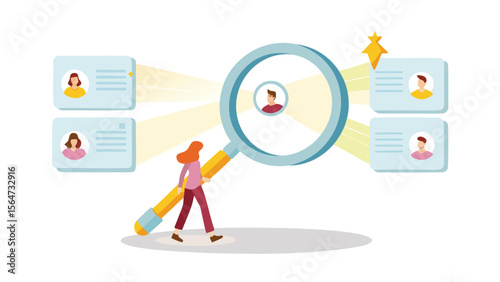 Woman holding a magnifying glass looking at profiles for a job search and recruitment process