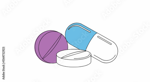 Illustration showing a blue and white capsule, a purple round pill, and a white tablet together