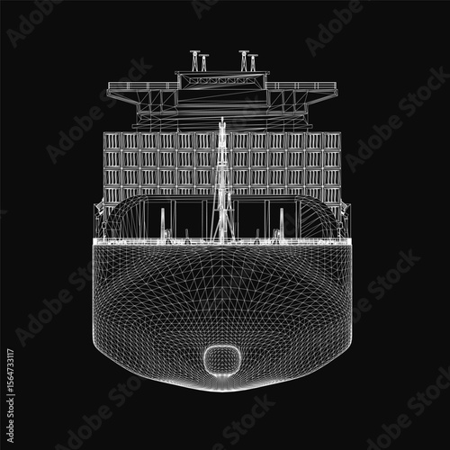 A detailed blueprint of a large cargo ship on a black background, showcasing the hull, superstructure, and intricate design elements. The technical drawing highlights the vessel's dimensions
