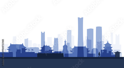 Beijing City Skyline Silhouette Ancient and Modern
