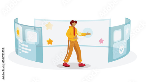 Person interacting with curved screens displaying data and star icons in a virtual environment