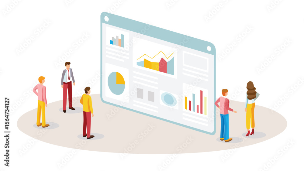 Obraz premium Isometric view of people analyzing data presented on a large digital dashboard interface display panel