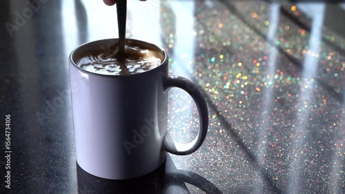 Stirring black tea in a cup. Slow motion shot