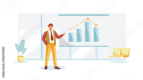 Man presenting a bar graph with an upward trending line in a bright office setting, with chairs