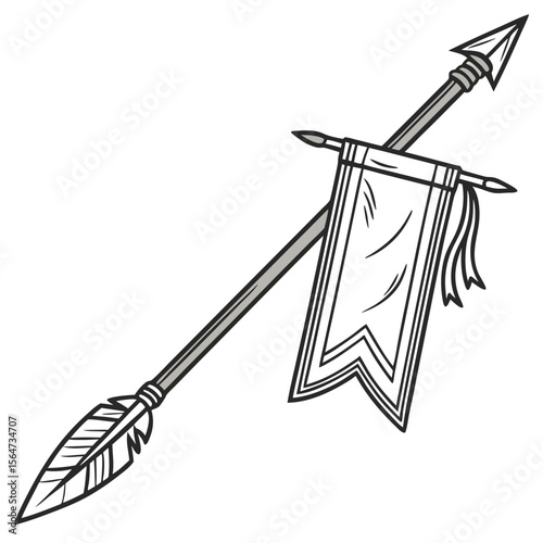 Illustration of a stylized arrow with a banner attached to the shaft in a black and white drawing