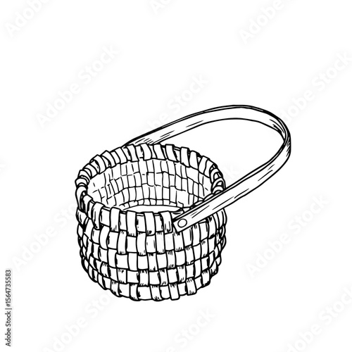 A wicker basket made of vines with a handle, a black and white sketch. Vector illustration. Classic basket for mushrooms, harvesting, isolated on a white background. For books, postcards, textiles