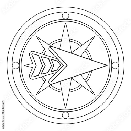 Illustration of a compass rose with an arrow inside a circular border and small circles around it