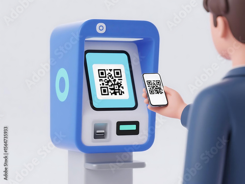 Person scans QR code on digital kiosk with mobile for contactless payment and efficient digital interaction.