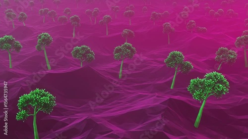Surreal Landscape with Green Trees Emerging from Pink Wavy Terrain