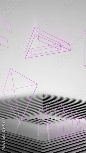 Animation of 3d geometric shapes over black and grey pyramid of concentric lines on grey background
