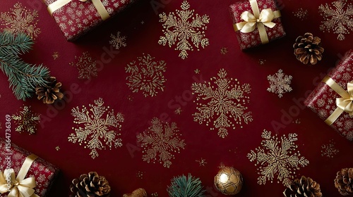 Festive Holiday Still Life Featuring Wrapped Gifts, Pine Cones, and Evergreen Sprigs on Textured Surface