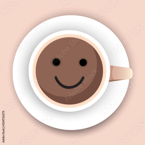 Cup of coffee with happy smiling face on frothy surface. Time to have a coffee break, relax and cheer up, coffee time concept. vector, illustration