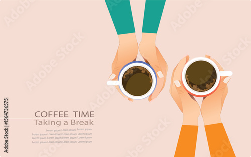 Coffee time illustrations with woman hands holding coffee cup isolated on white background. Coffee break concept. Vector