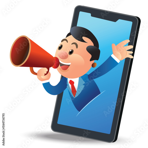 Business man coming out from mobile phone background and making annoucement with a red speaker.vector, illustration