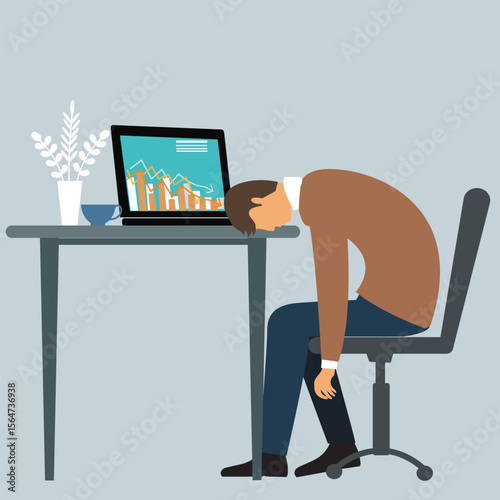 A man who fell asleep on a work table because of fatigue.vector,illustration