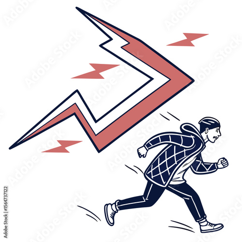 Man is running away from a large lightning bolt with a jacket and a beanie on a white background