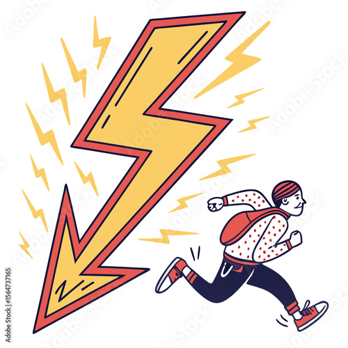 Person running away from a large yellow lightning bolt with smaller lightning bolts in the background